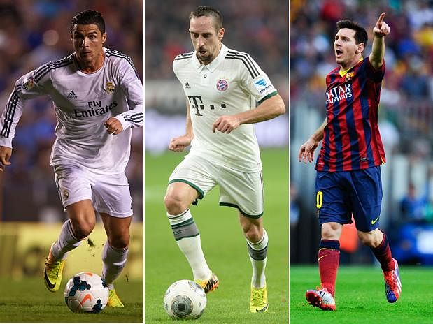 The 2013 FIFA Ballon D'Or finalists. (From left to right - Cristiano Ronaldo, Franck Ribery, Lionel Messi)